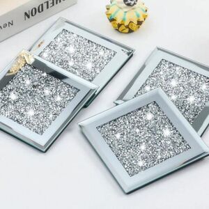 Gimorrto Crushed Diamond Crystal Glass Mirrored Square Coasters- Silver